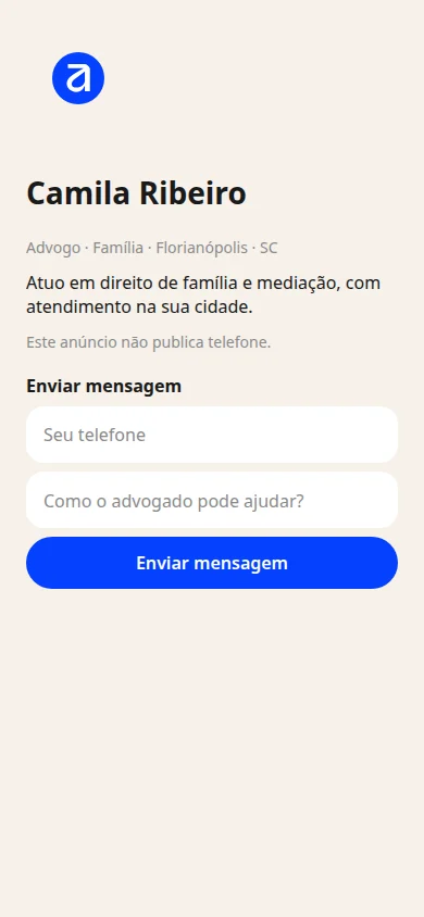Perfil de advogada no aplicativo Advogo, com pedido de contato