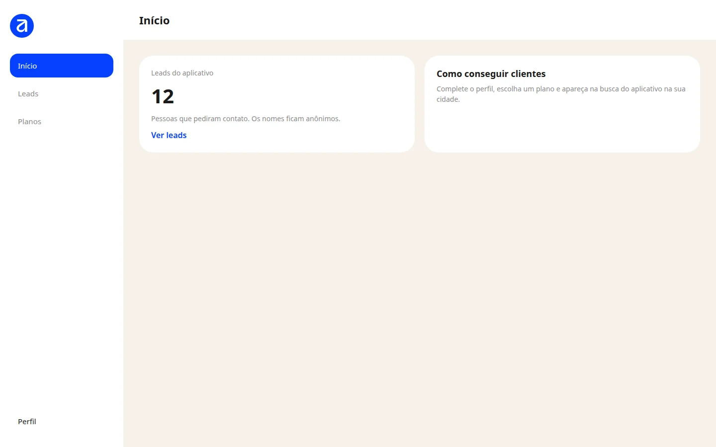 Início do portal do advogado, com o total de leads anônimos do aplicativo