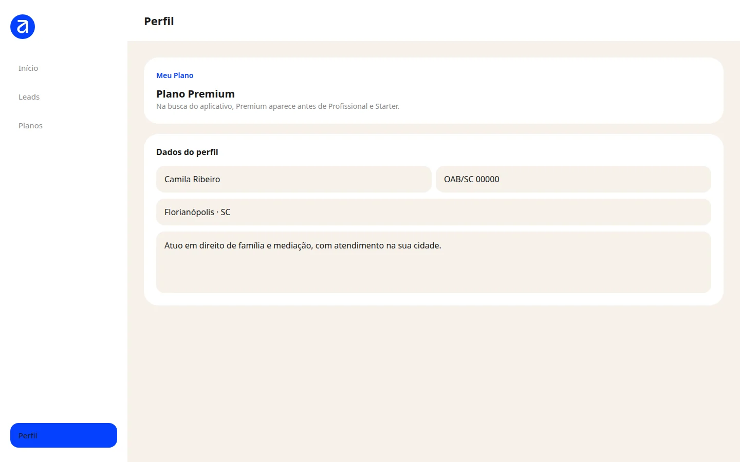 Perfil do advogado no portal, com plano e dados que aparecem na busca